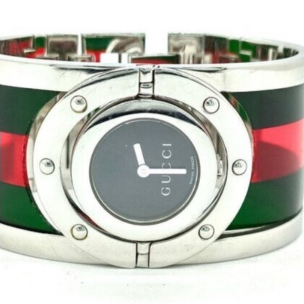 Gucci Silver Watch with Green and Red Stripes